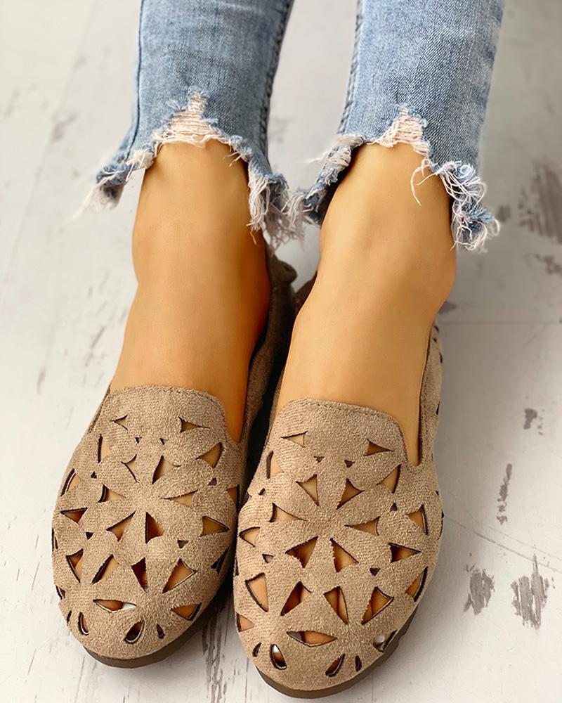 

Suede Hollow Out Flat Shoes, Khaki