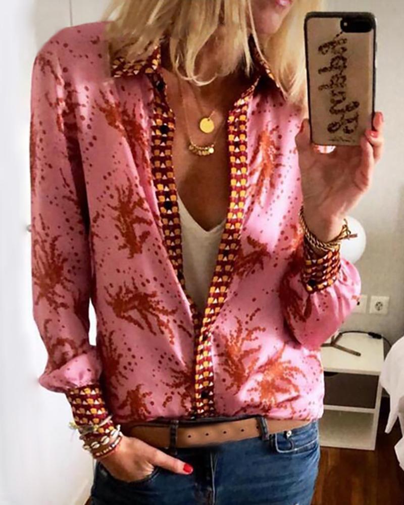 

Print Long Sleeve Button Up Shirt, Pink