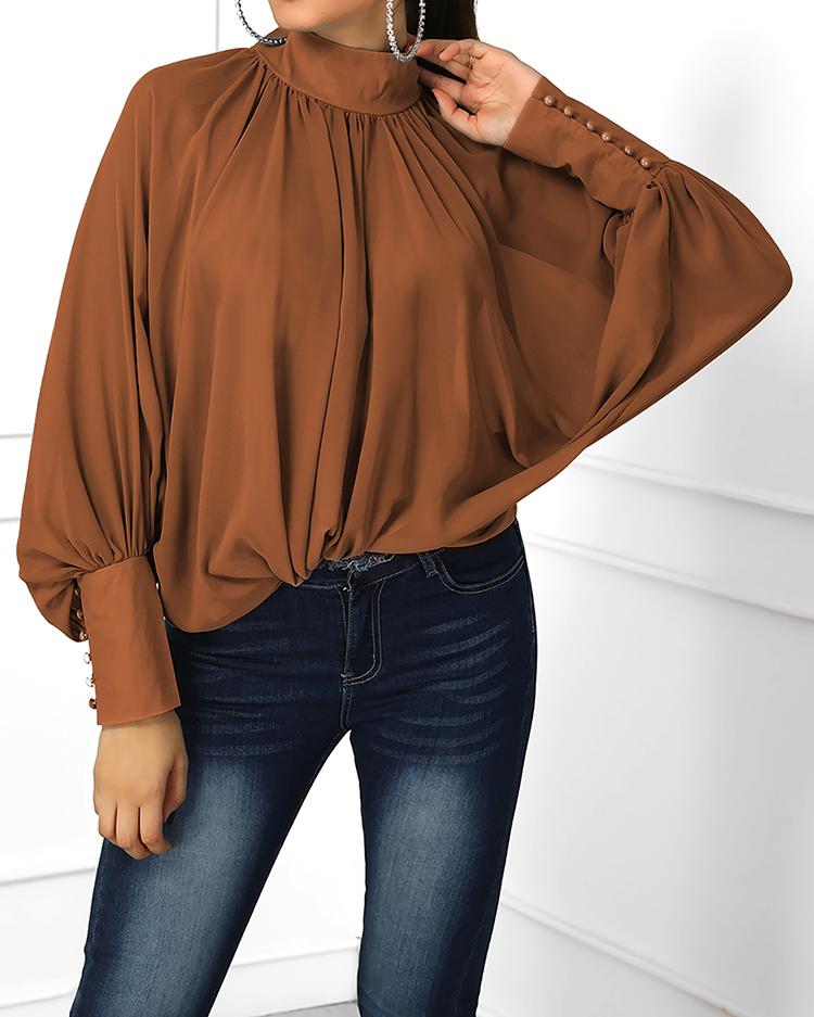 

Lantern Sleeve Wide Cuff Ruched Blouse, Dark brown