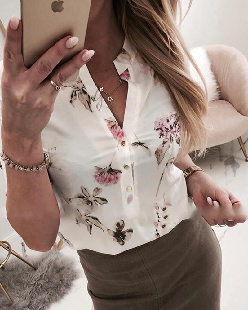 

Buttoned Floral Print Casual Blouse, White