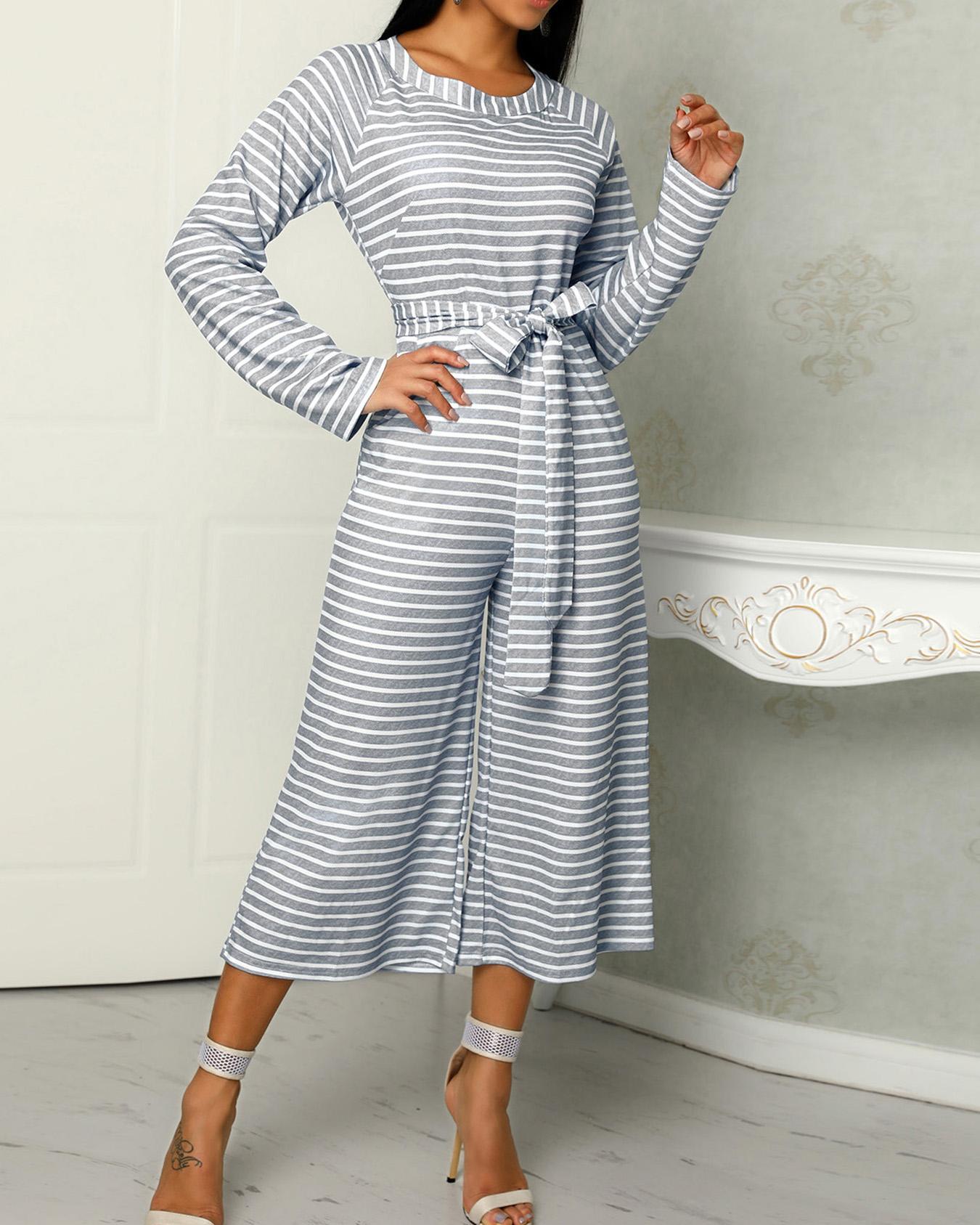 

Striped Long Sleeve Tied Waist Pocket Jumpsuits