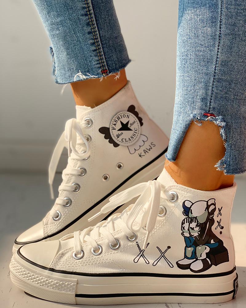 

Cartoon Print Lace-Up Casual Sneakers, White