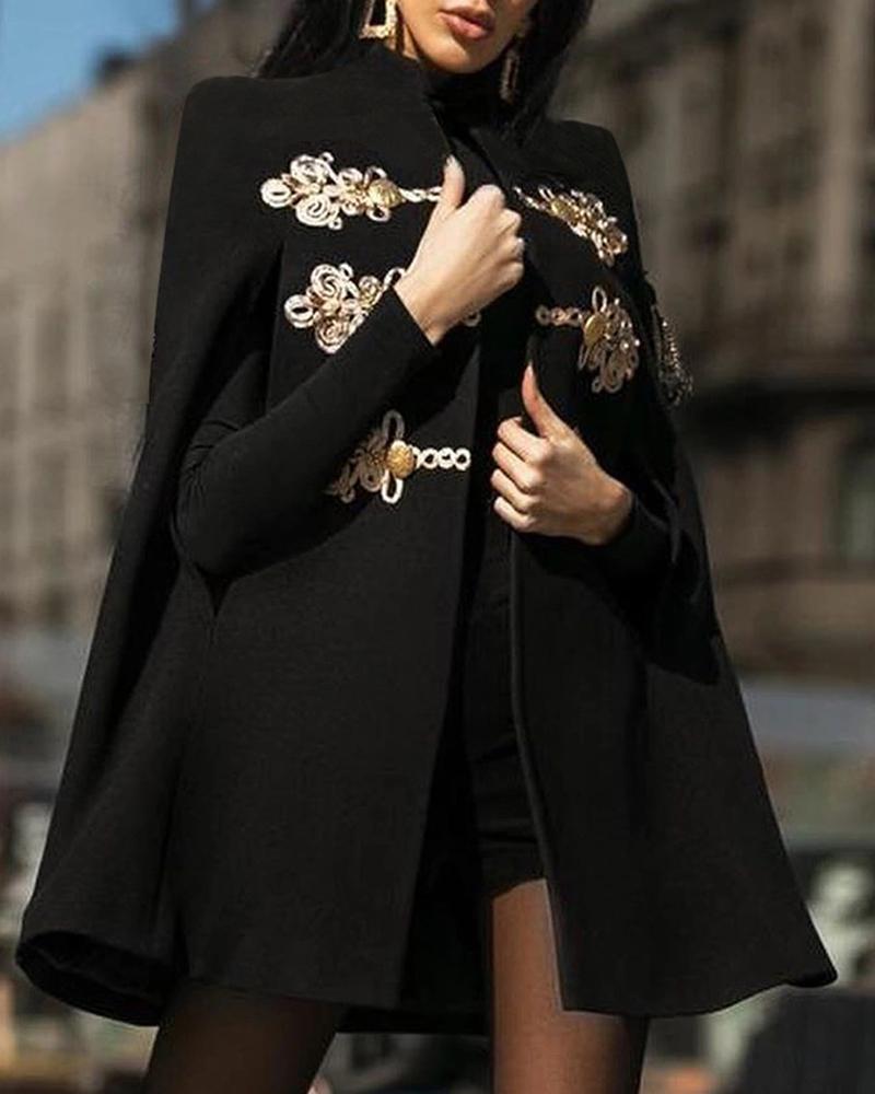 

Embroidery Buttoned Design Cape Longline Coat, Black