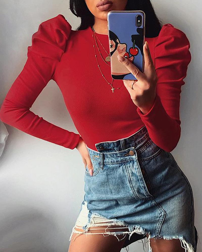 

Round Neck Puff Sleeve Bodysuit, Red