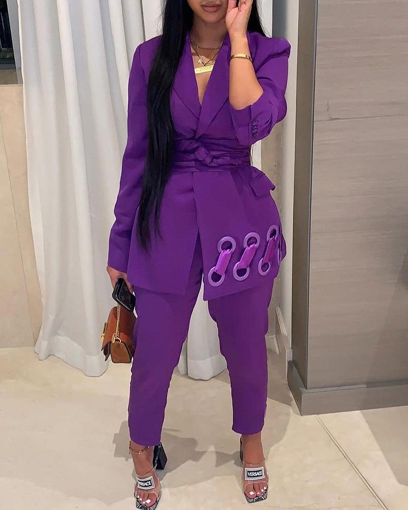 

Solid Eyelet Detail Blazer Coat & Pant Sets, Purple