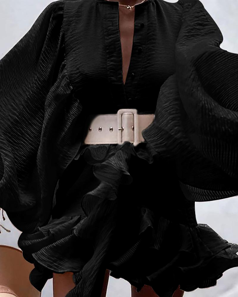 

Lantern Sleeve Ruffles Button Design Dress, Black
