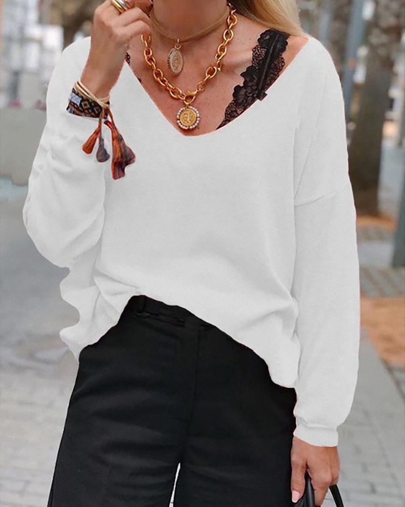 

Solid V Neck Long Sleeve Casual Blouse, White