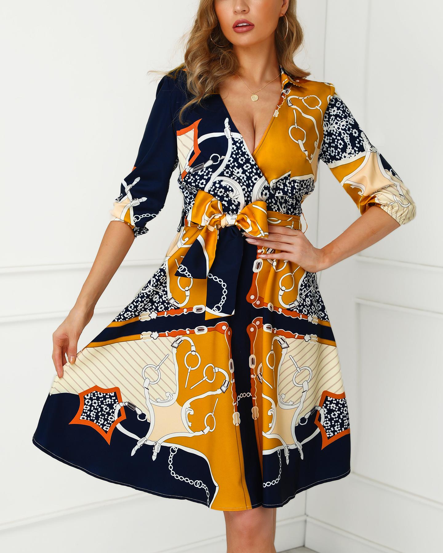 

Scarf Print V-Neck Wrap Casual Dress, Dark blue