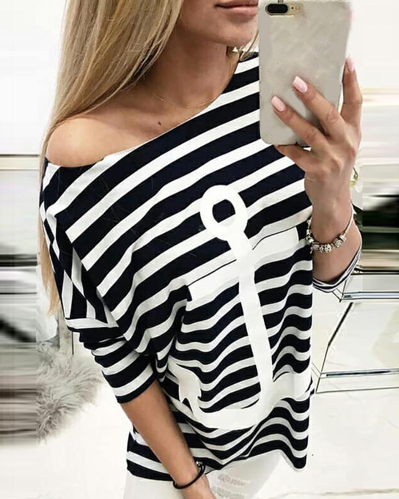 

Striped Boat Anchor Print Casual T-shirt, Black