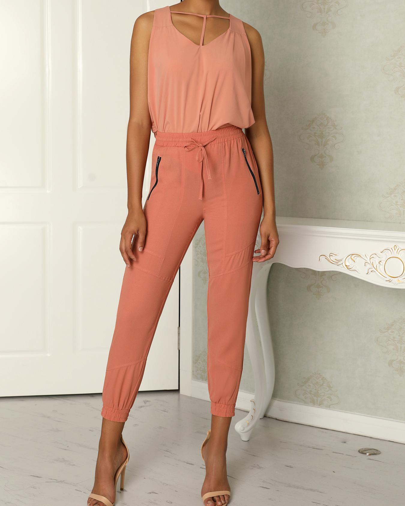 

V-Neck Tank Top With Drawstring Pants Sets, Pink