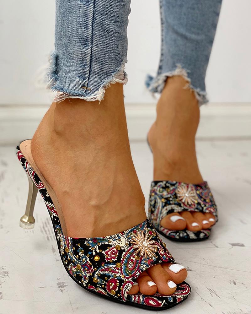 

Ethnic Print Studded Detail Thin Heels, Red