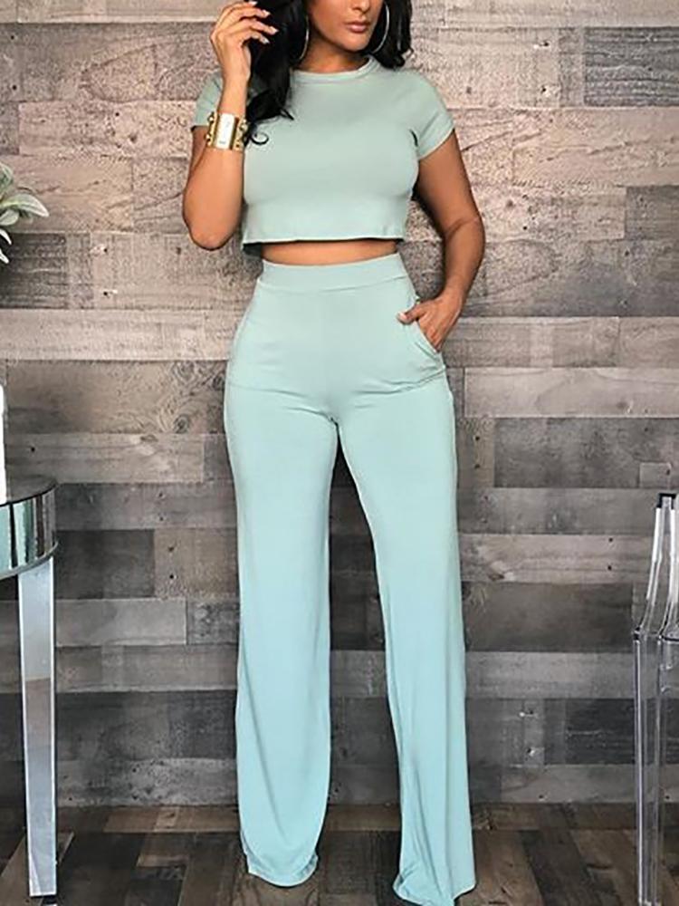 

Solid Short Sleeve Crop Top & Pants Sets, Light green