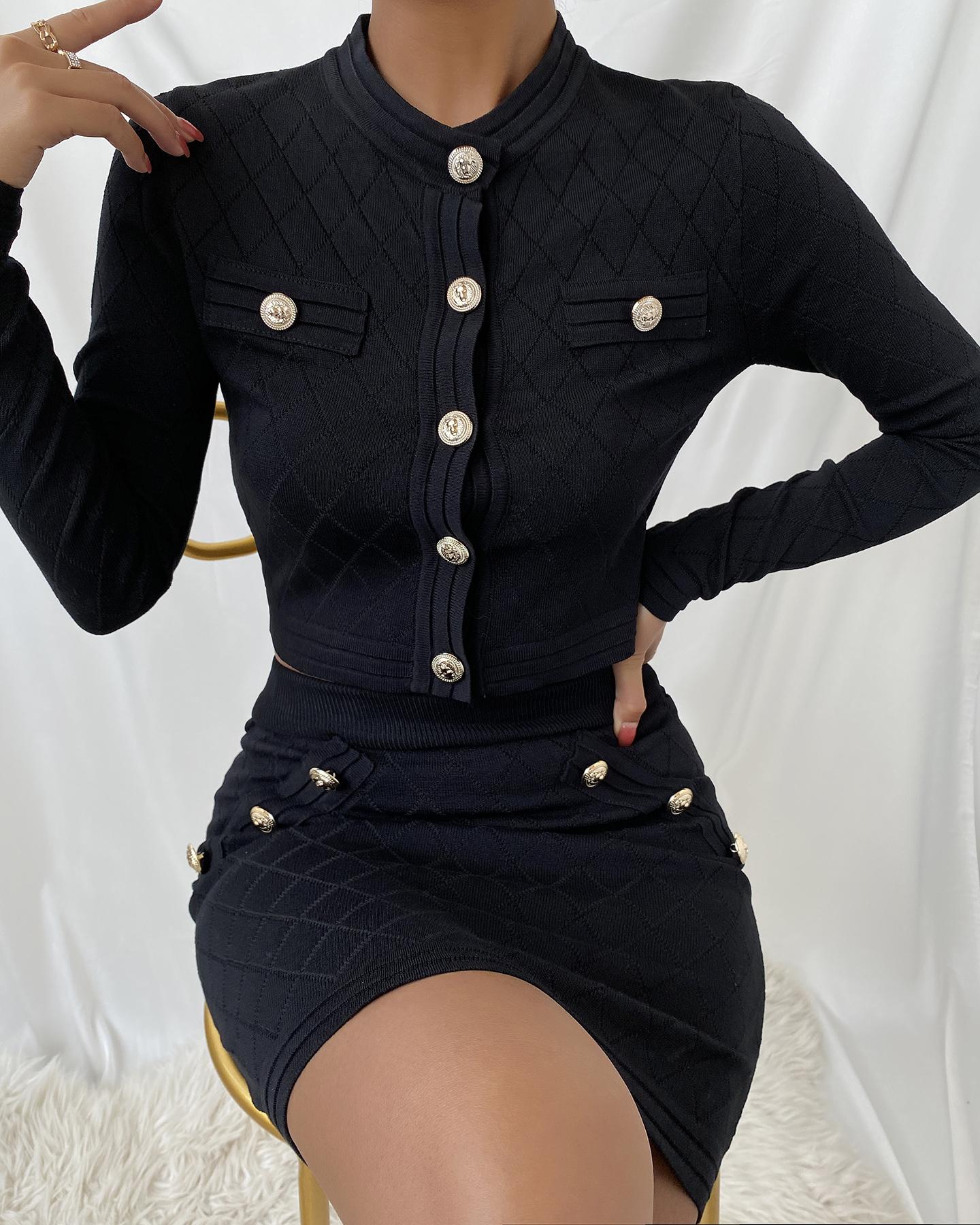 

Button Design Long Sleeve Knit Skirt Set, Black