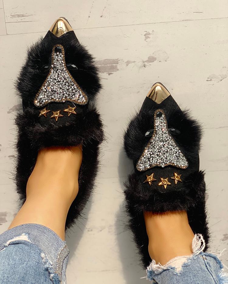 

Fluffy Gem-Studded Pointed Toe Flat Shoes, Black