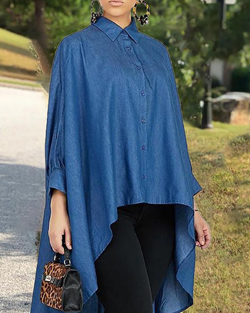 

Solid Long Sleeve Dip Hem Casual Blouse, Blue