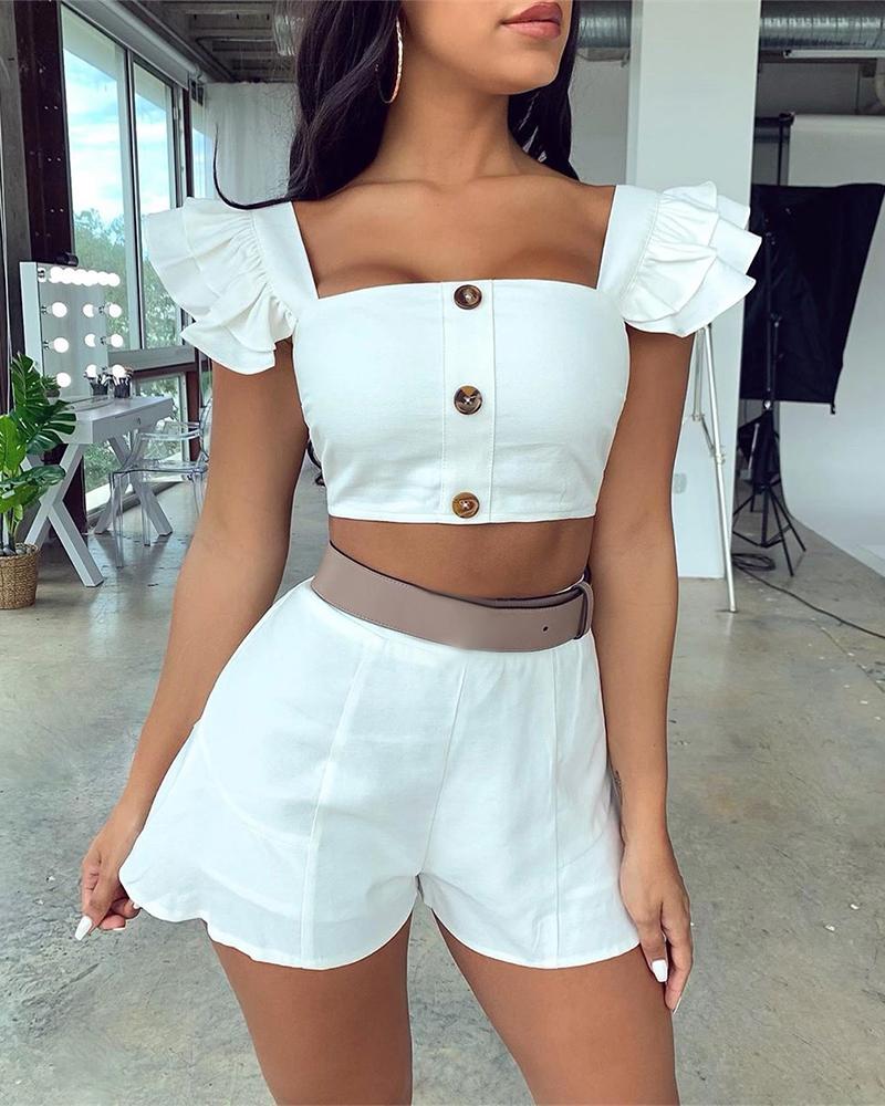

Solid Buttoned Ruffles Design Crop Top & Casual Short Sets, White
