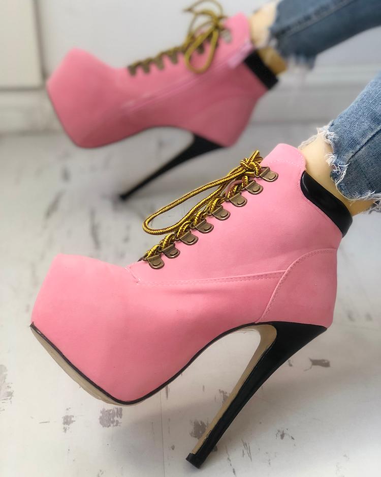 

Suede Contrast Color Platform Thin Heeled Boots, Pink