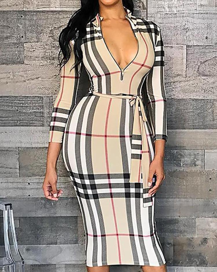 

Grid Long Sleeve Zipper Front Bodycon Dress, Khaki