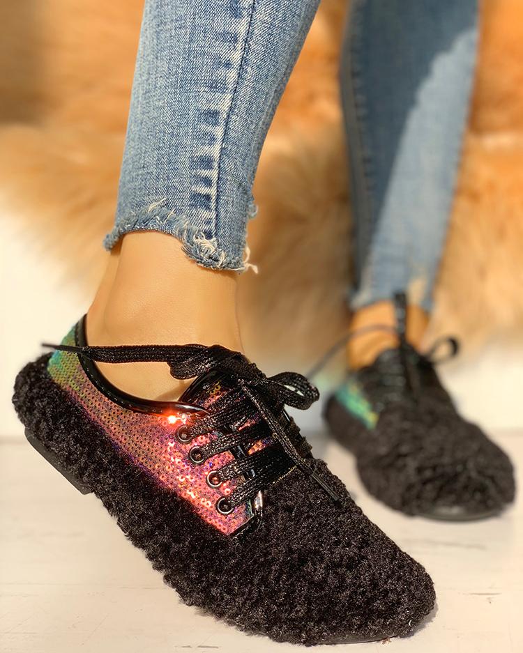 

Lace-Up Sequins Fluffy Flat Shoes, Black