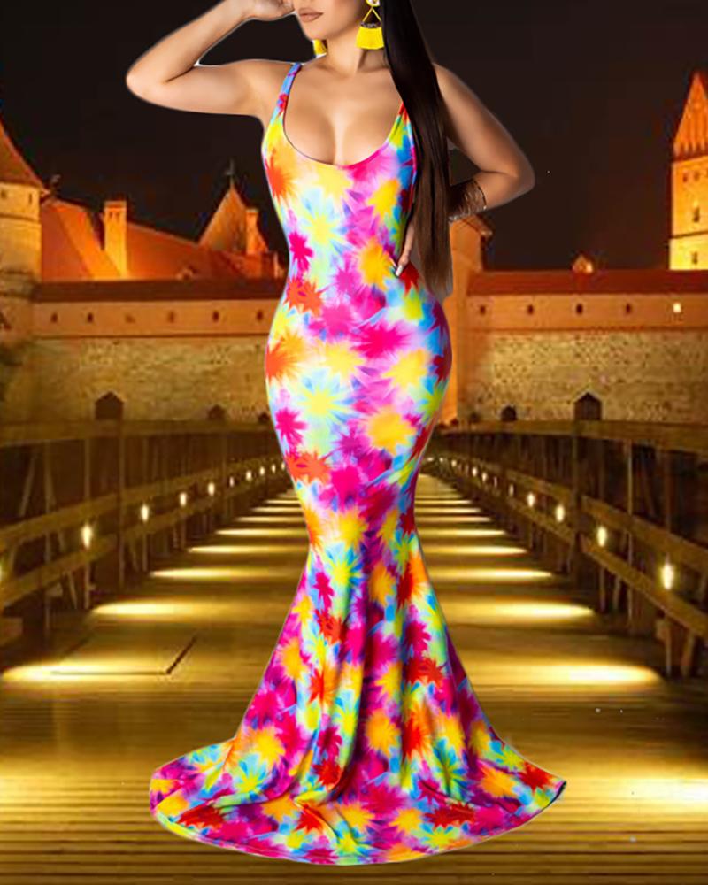 

Digital Printing Tie Dyed Back Strap Dress, Red