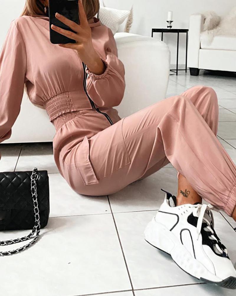 

Solid Zip Casual Top & Pants Set, Pink