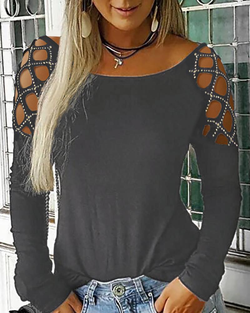 

Studded Hollow Out Long Sleeve Top, Gray