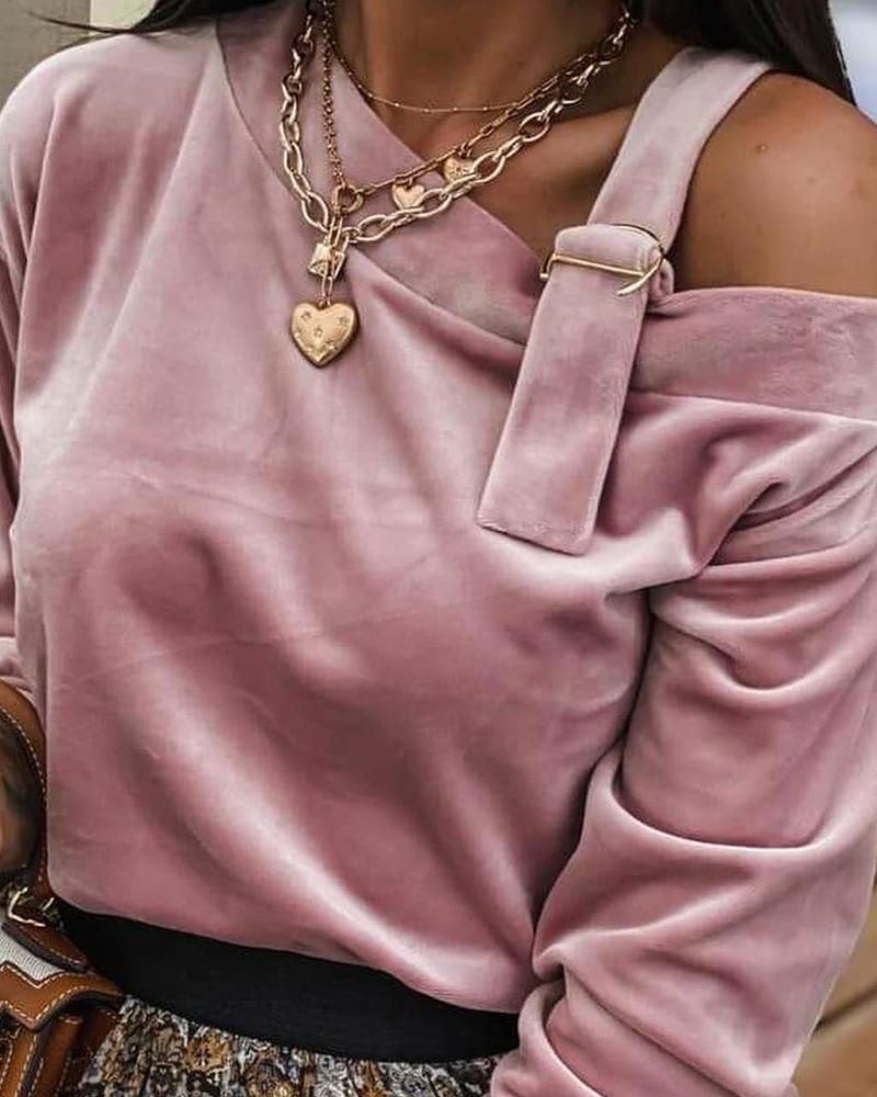 

Solid Long Sleeve Cut-out Cold Shoulder Blouse, Pink