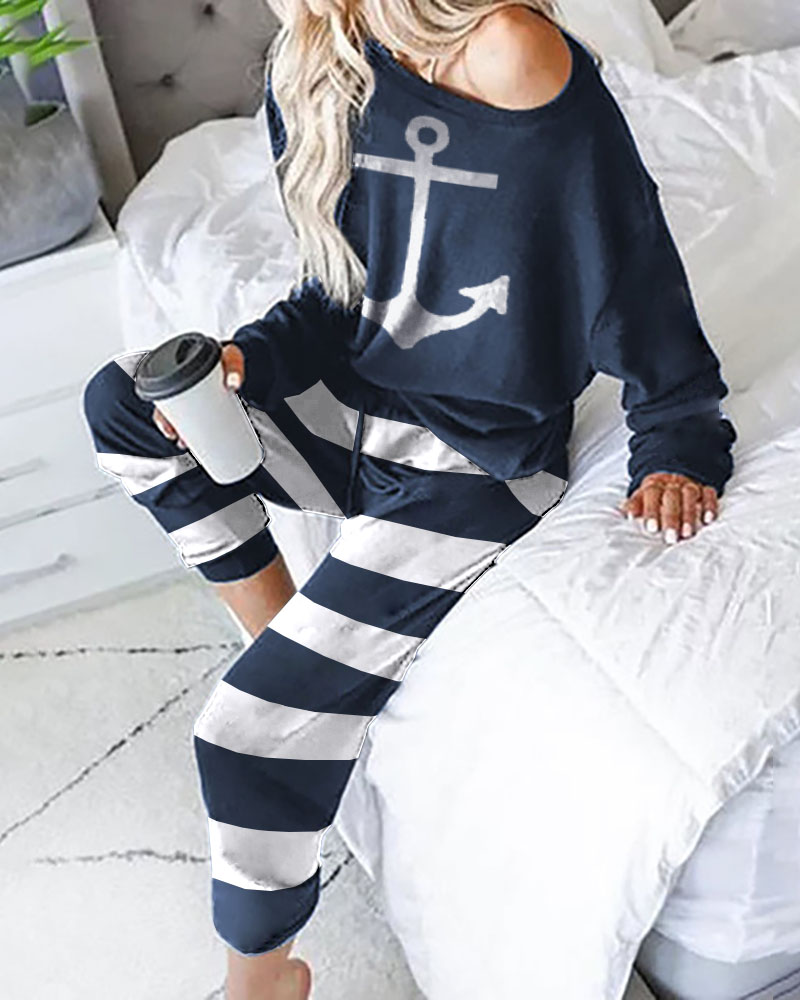 

Boat Anchor Print Long Sleeve Pajamas Sets, Purplish blue