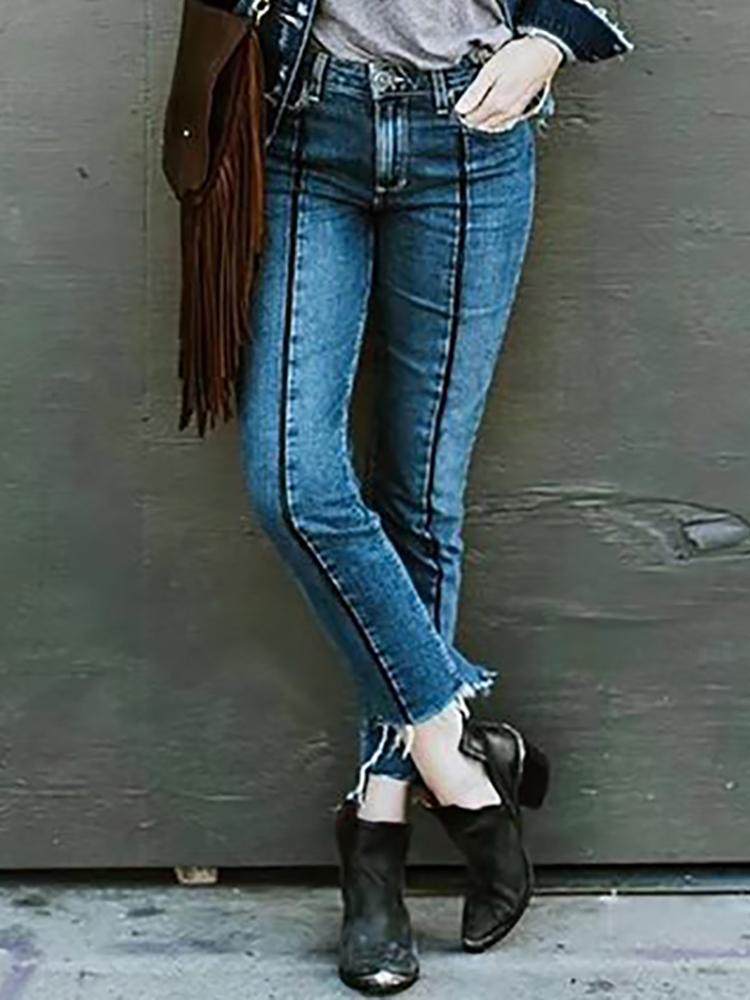 

Stylish Fringe Hem Skinny Jeans, Blue