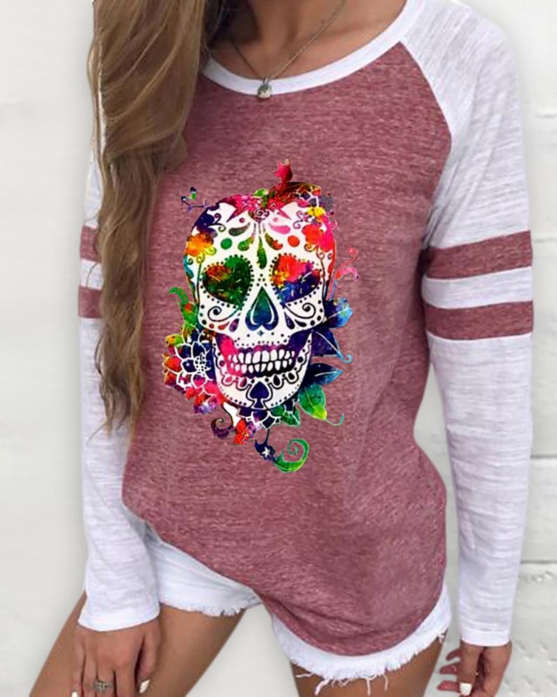 

Long Sleeve Casual Skull Print Sweatshirt, Red