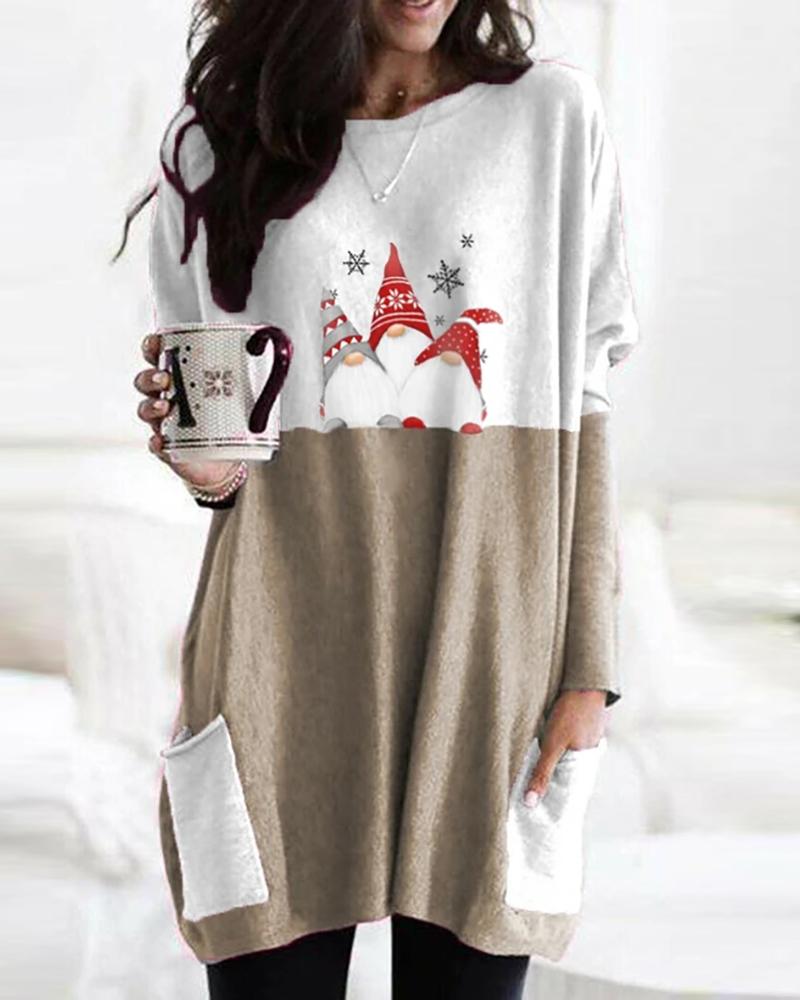 

Santa Print Colorblock Pocket Design Casual Sweatshirt, Khaki