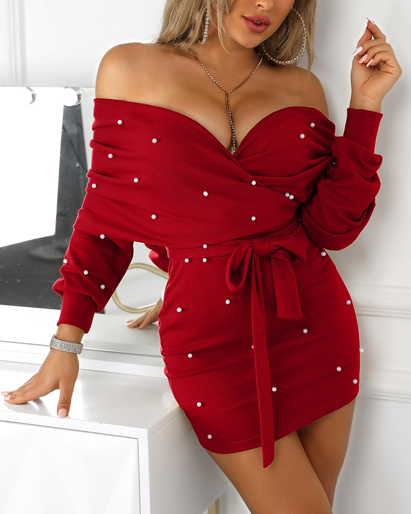 

V Neck Beaded Design Lantern Sleeve Bodycon Dress, Red