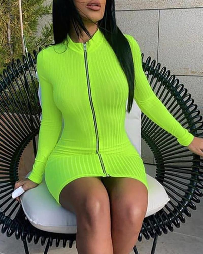 

Ribbed Stand Neck Zipped Bodycon Dress