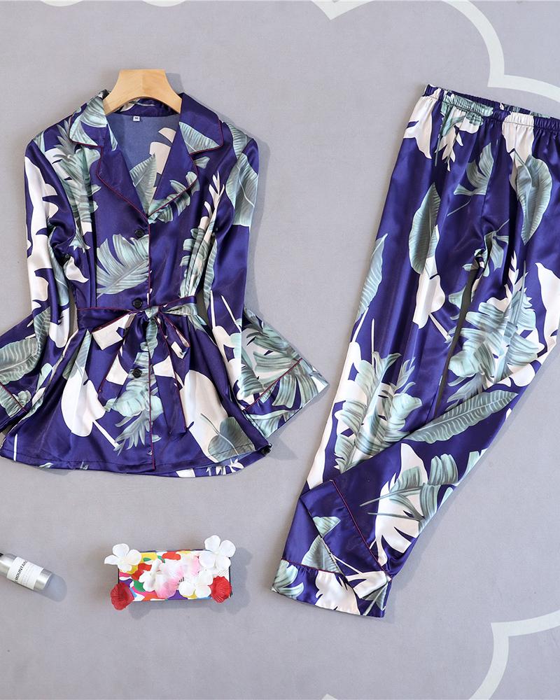 

Long Sleeve Floral Print Bottoned Pajamas Set, Dark blue