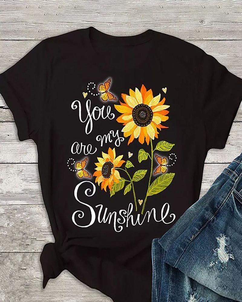 

Sunflower Print Short Sleeve Casual T-shirt, Black