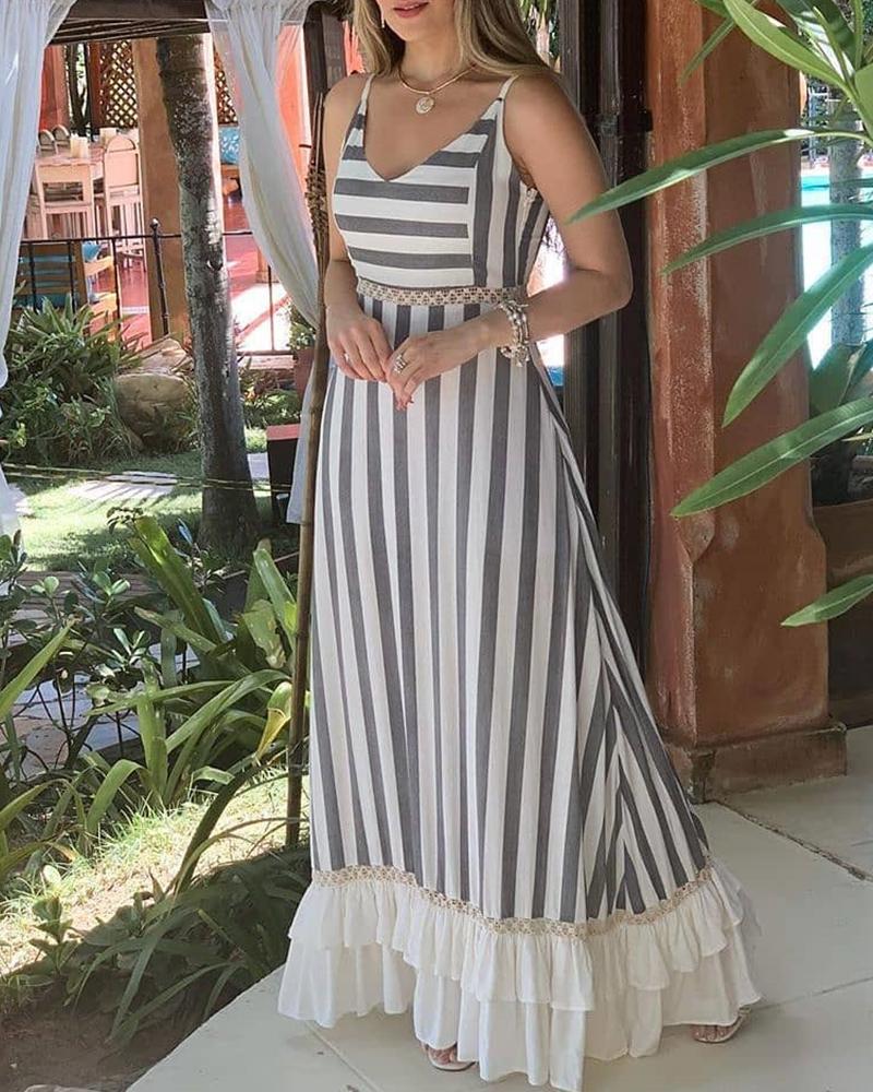

Striped Colorblock Ruffles Maxi Dress, Gray