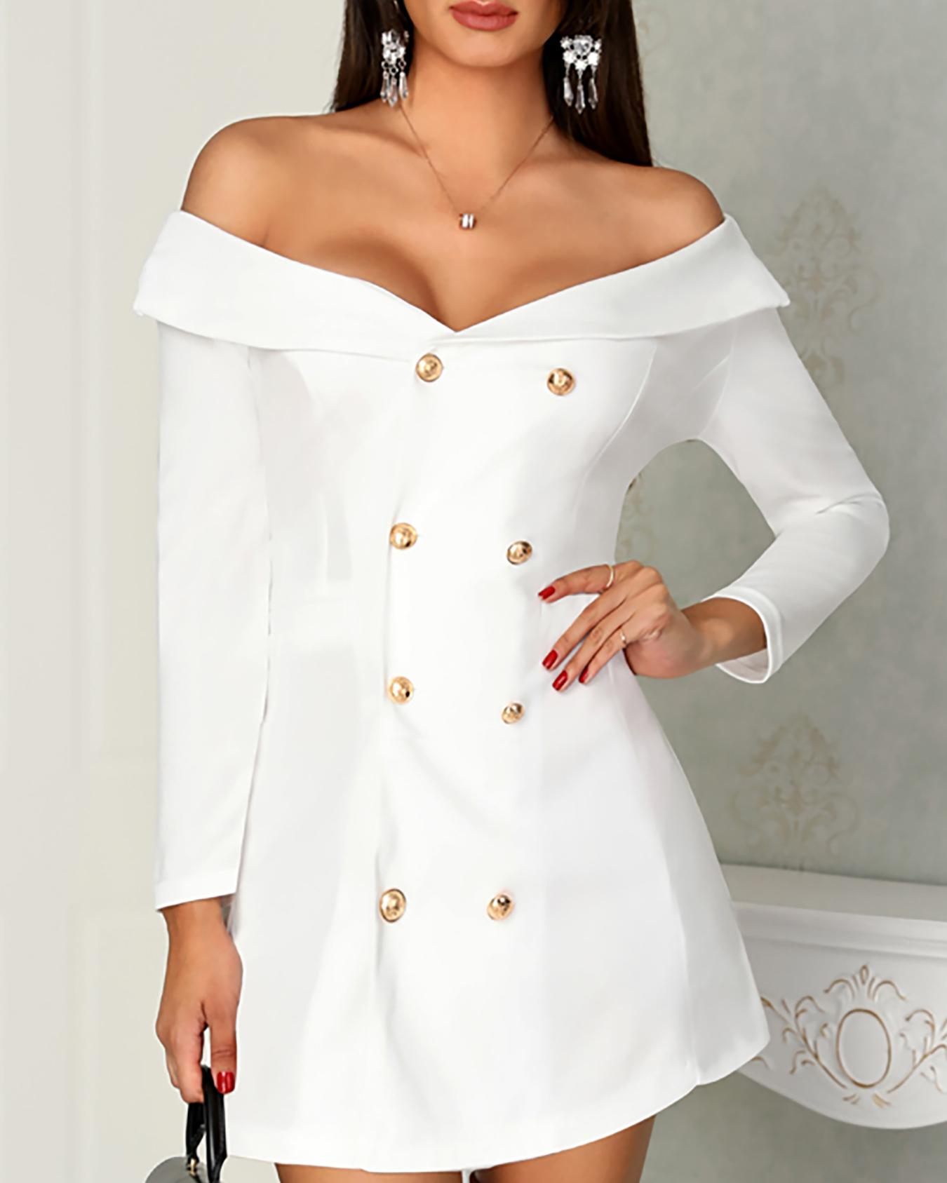 

Solid Double-Breasted Irregular Blazer Dress, White