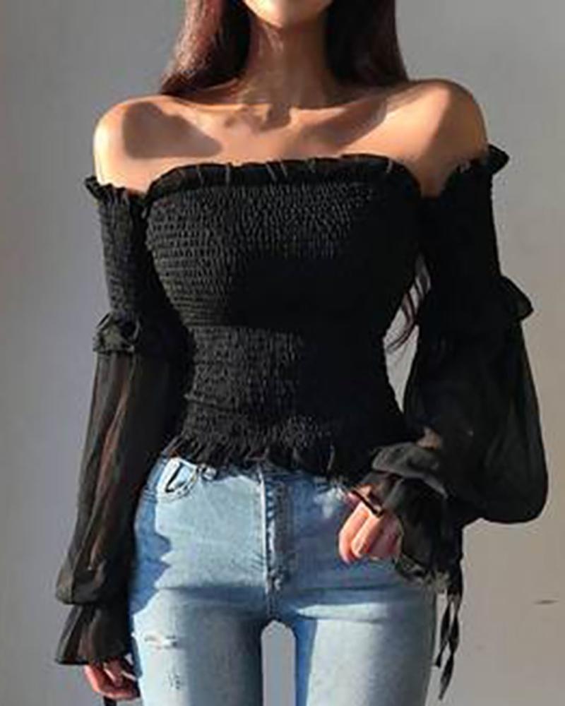 

Off Shoulder Ruched Frill Hem Shirred Top, Black