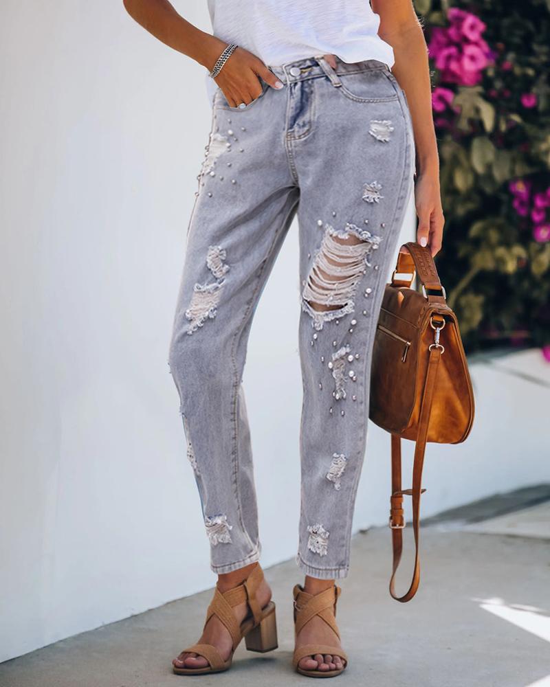 

Beaded Ripped Cutout Casual Jeans, Light blue