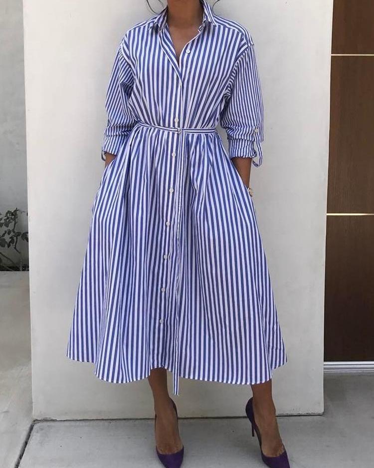 

Stripes Long Sleeve Tie Waist Shirt Dress, Blue