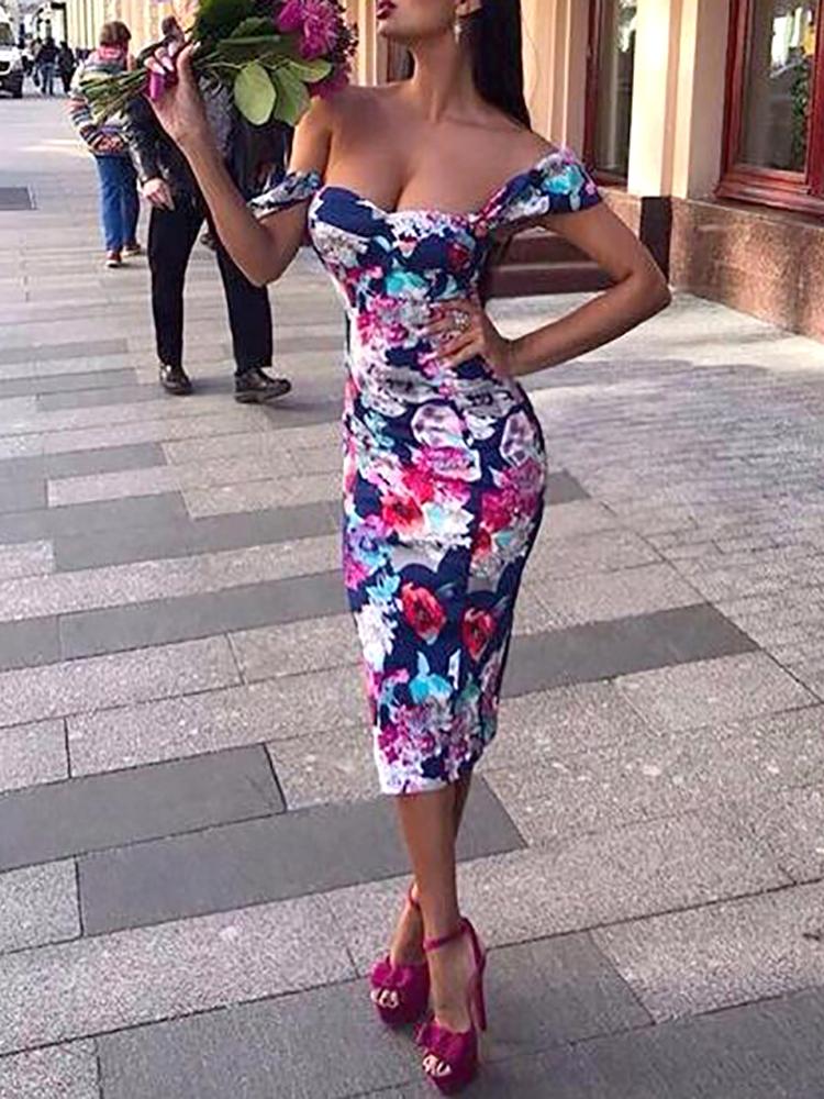 

Fashion Floral Print Off Shoulder Bodycon Dress, Multicolor