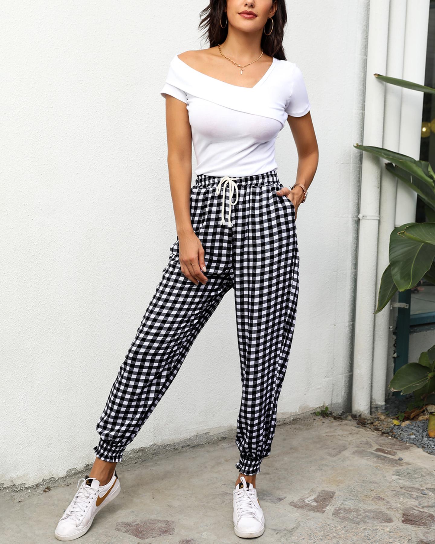 

Grid Print Elastic Cuffed Casual Pants, Black