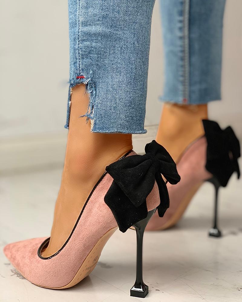 

Suede Pointed Toe Bowknot Back Thin Heels, Pink