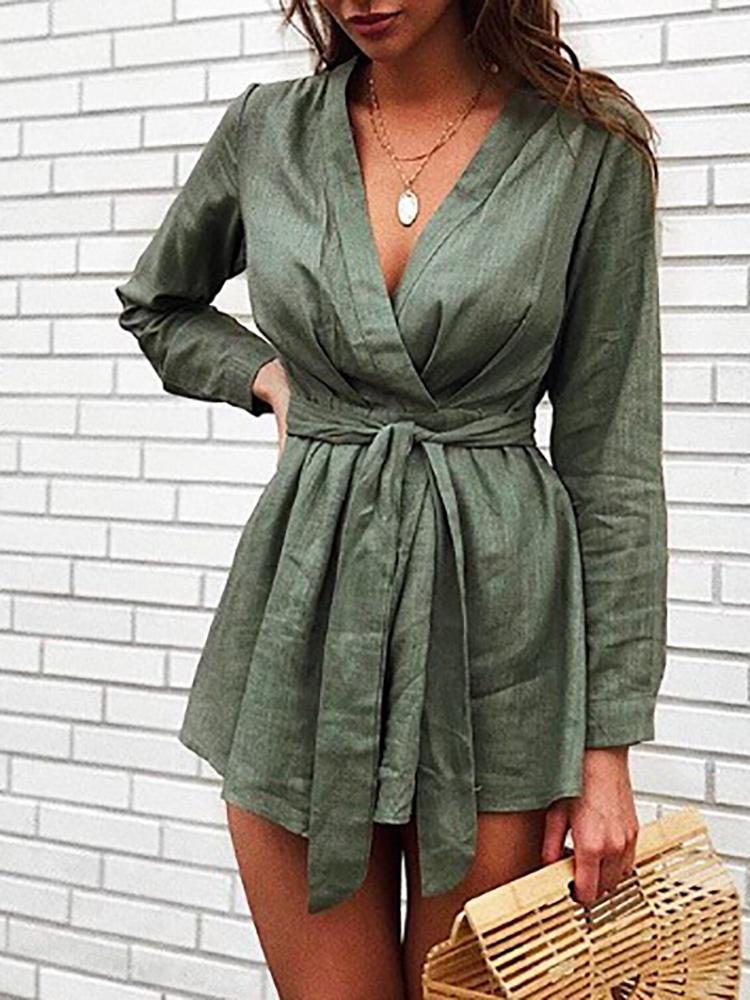 

Solid Long Sleeve Belted Mini Dress