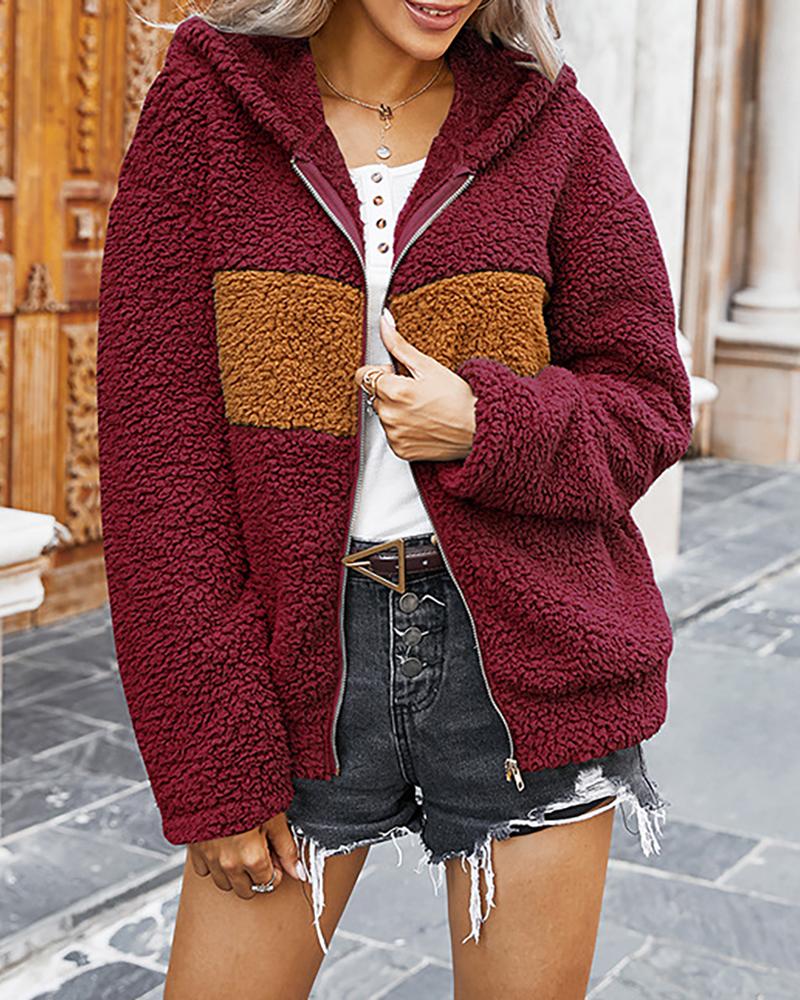 

Colorblock Long Sleeve Hooded Teddy Coat, Wine red