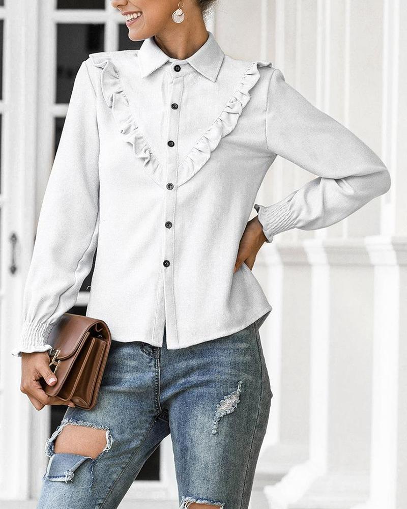 

Ruffle Trim Button Up Shirt, White