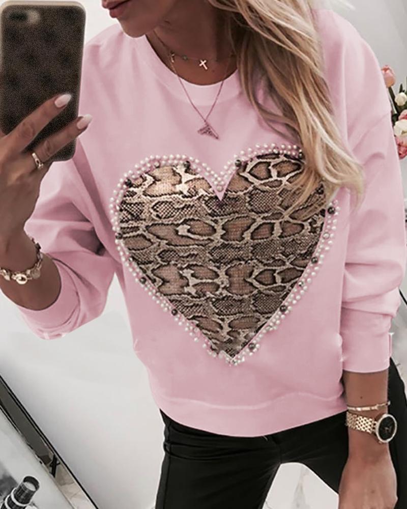 

Heart Pattern Snakeskin Print Round Neck Casual Sweatshirt, Pink