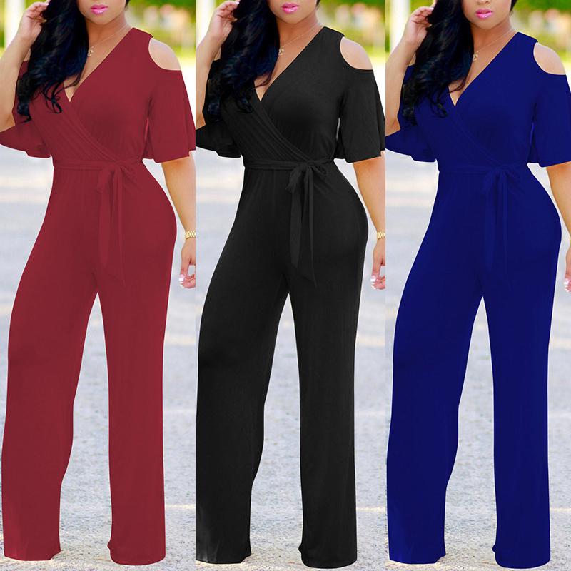 

Trendy Cold Shoulder Tied Waist Flared Wrap Jumpsuit, Green
