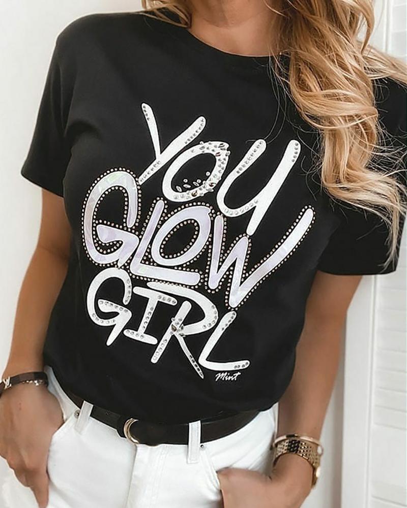 

Studded Letter Print Casual T-shirt, Black