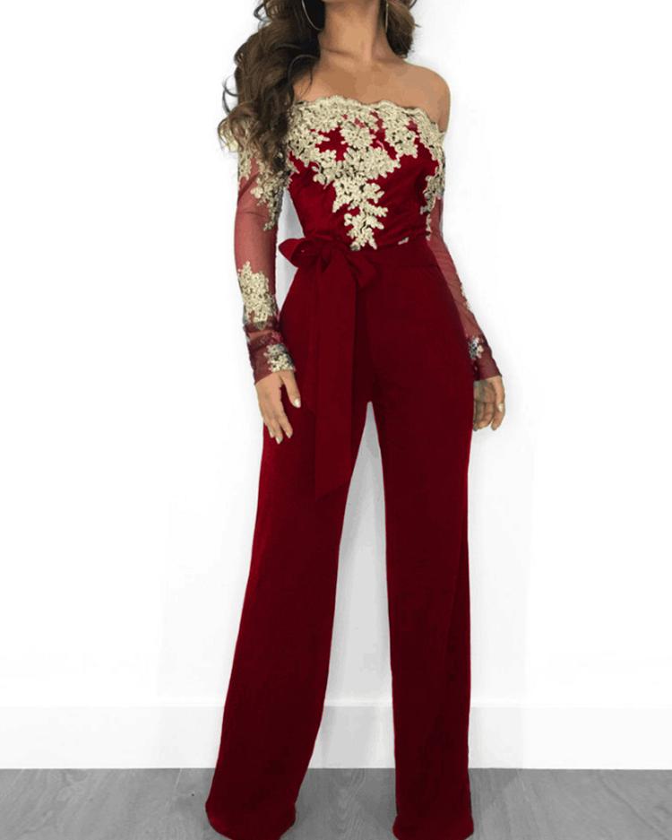 

Flower Embroidery Off Shoulder Wide Leg Jumpsuit, Wine red